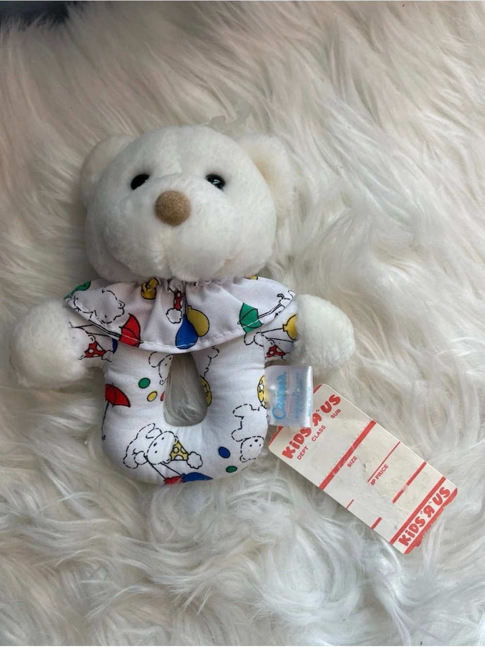 Carter's White Plush Bear Rattle with Multi-Color Print Vintage Rare toy